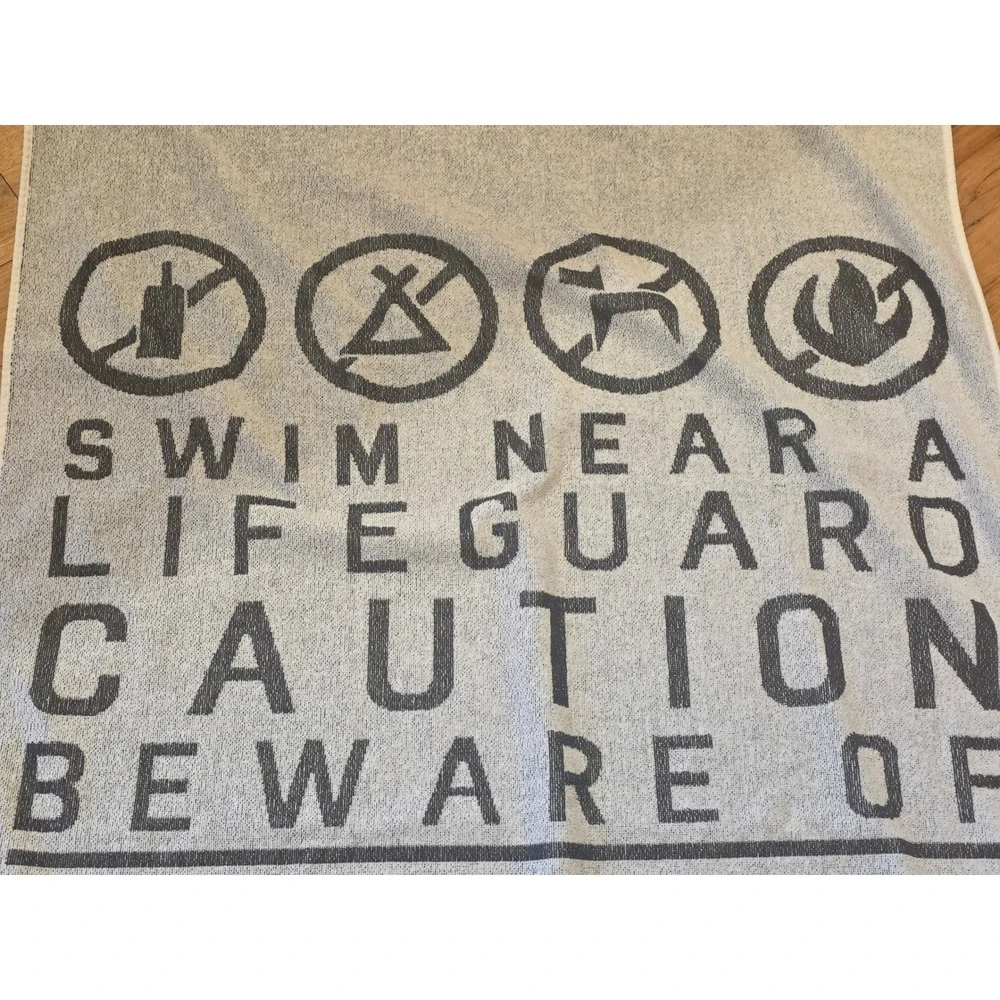 Hang Ten Beach Towel Grey Charcoal Beach Safety Warning Sign Graphic 56x32